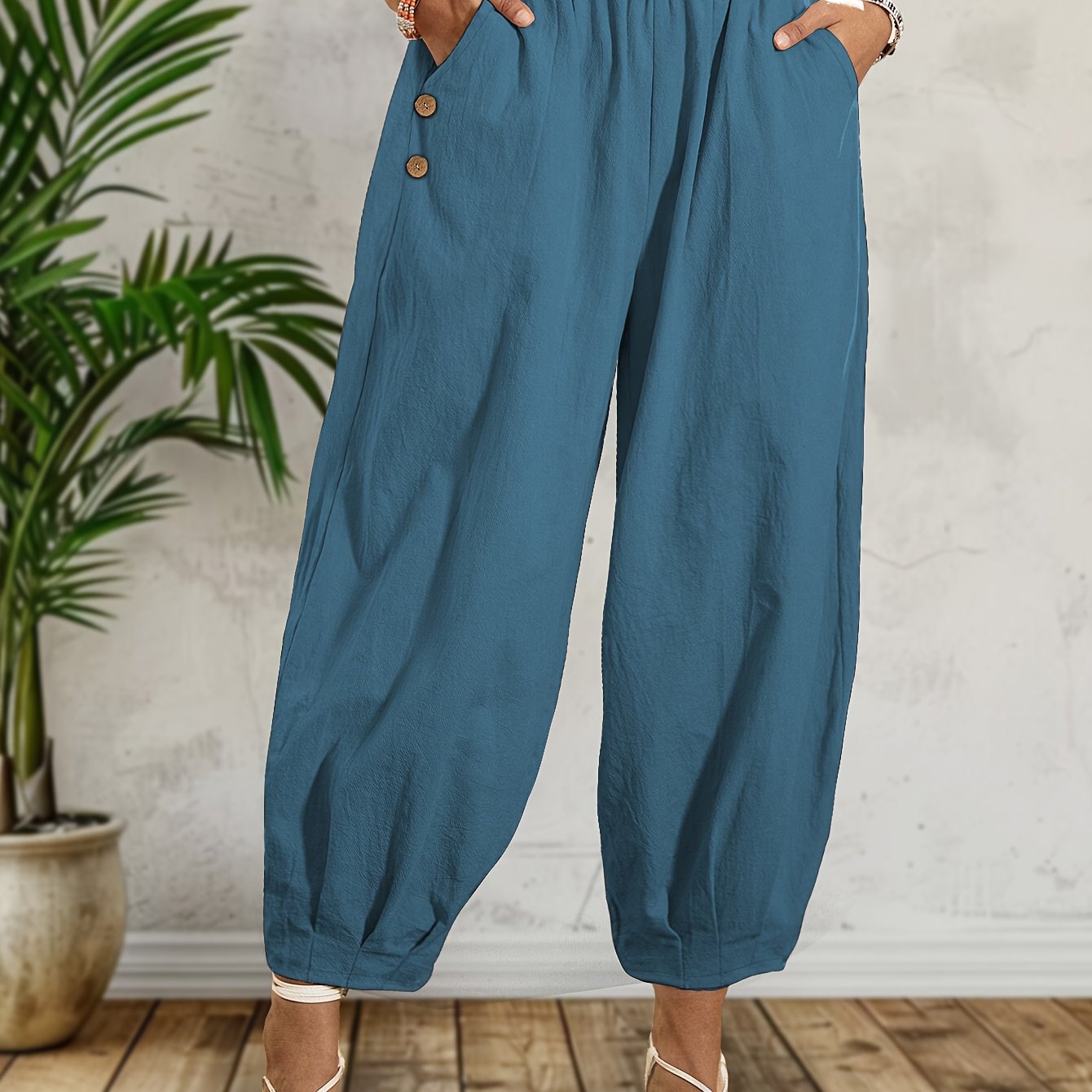 Plus Size Tapered Cotton Pants Pleated Button Hem Ladies' Fashion