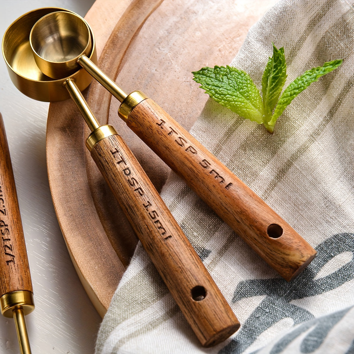 Set of 4 Stainless Steel Measuring Spoons with Wooden Handles for Baking and Cooking