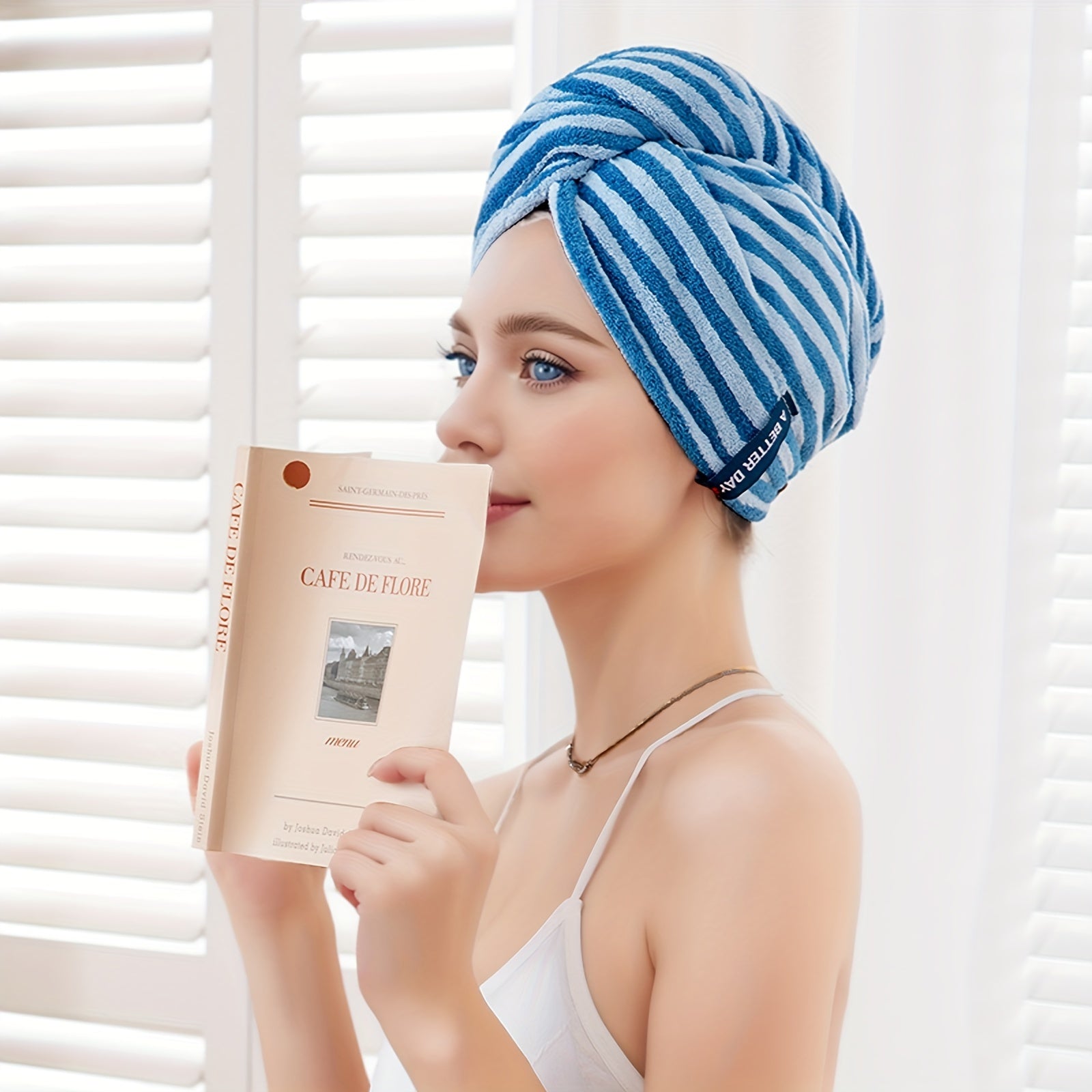 Blue and White Striped Hair Towel Wrap with Button Closure Ultra-Soft Absorbent Quick Dry