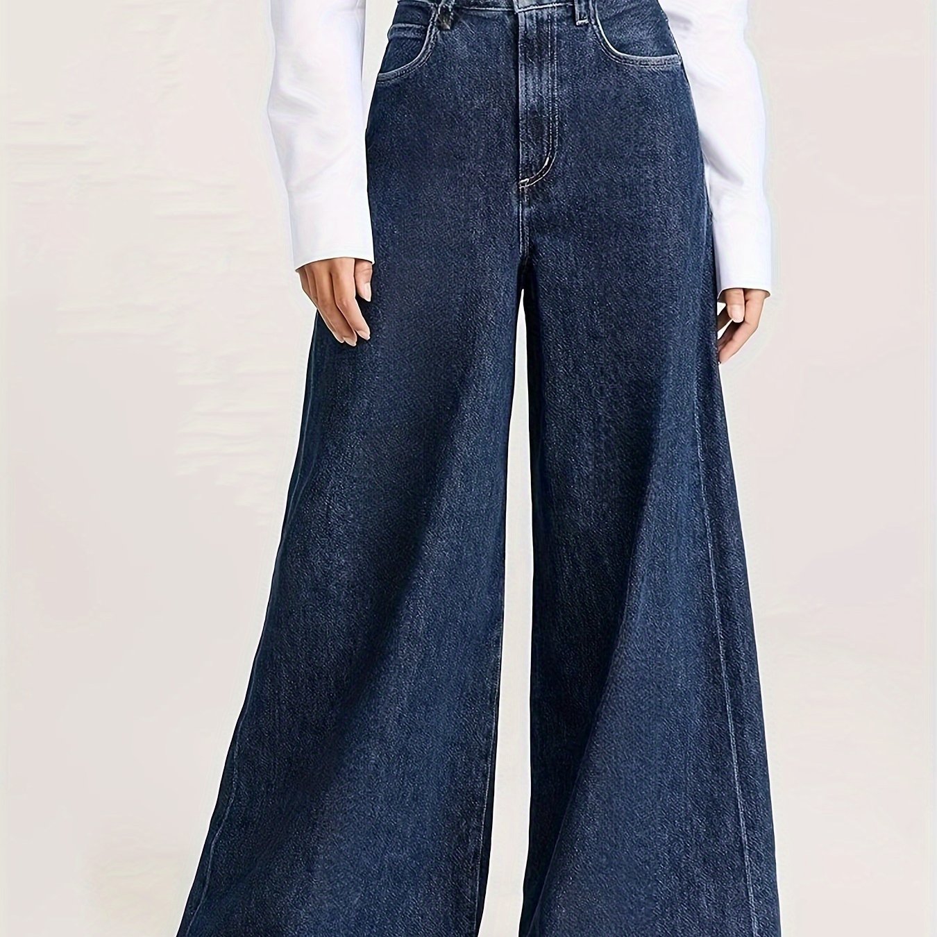 Women's Wide Leg Denim Jeans High-Waisted Solid Color Washed Finish All-Season Medium Stretch