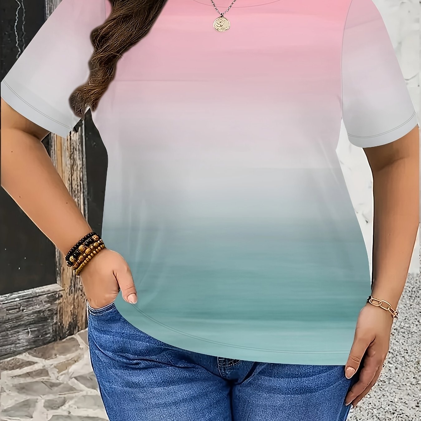 Ayollar uchun kattaroq o'lchamdagi gradient rangli T-shirt yumshoq qisqa qo'lqopli kundalik kofta