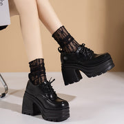 Women's Chunky Heel Lace-Up High Heels Brown Synthetic Rubber Sole