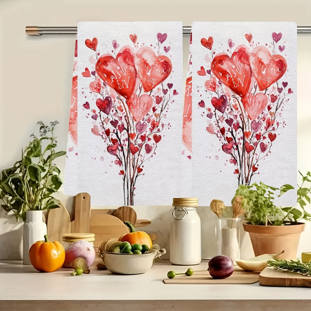 Set of 2 Valentine's Day Kitchen Towels Heart and Tulip Designs Super Absorbent 16x24 Inches