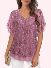 Women's Mesh Blouse Short Sleeve V-Neck Floral Ruffle Summer Tunic Top