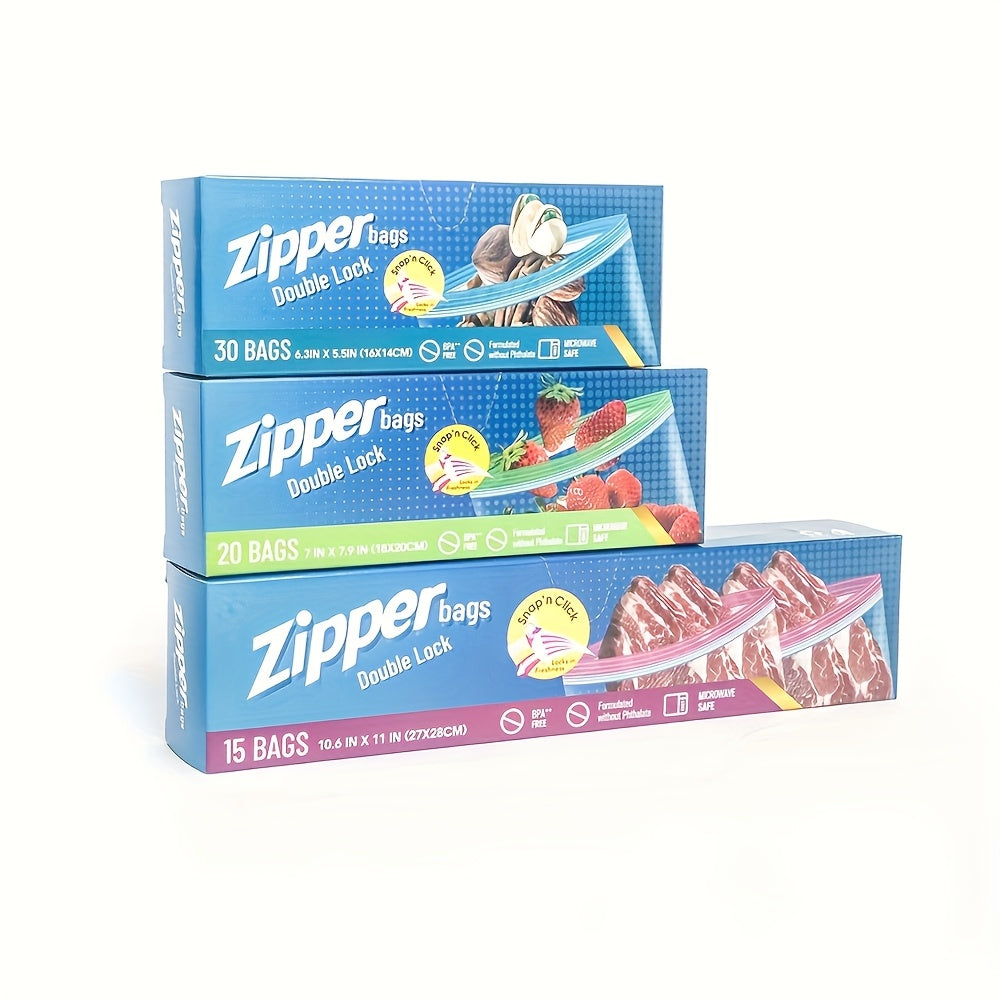 Qalin, ikki qulflangan muhrlangan yangilik sumkalari, klipli yopiq - turli o'lchamlardagi kvadrat idishlar to'plami (15/20/30 ta) muzlatgichda saqlash uchun xavfsiz, ko'p maqsadli foydalanish uchun qayta ishlatiladigan plastik zip sumkalar.