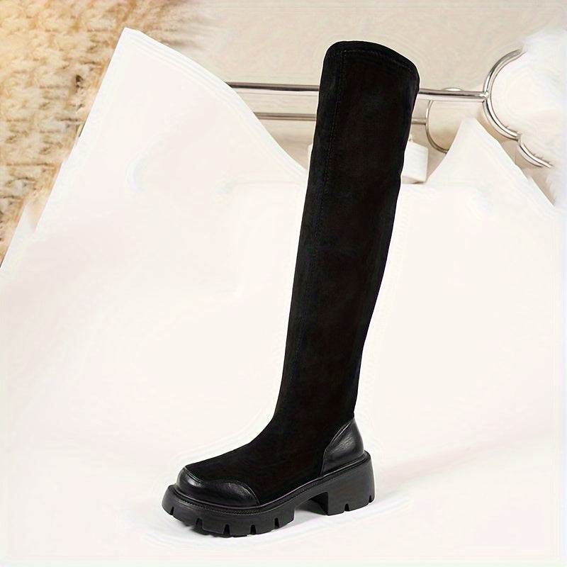 Women's Over-the-Knee Boots Black Velvet Ribbed Thigh-High Chunky Heel Slip-On