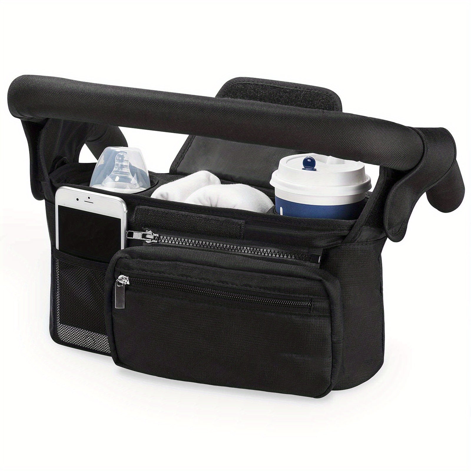 Stroller Organizer with Insulated Cup Holders Phone Pouch and Shoulder Strap