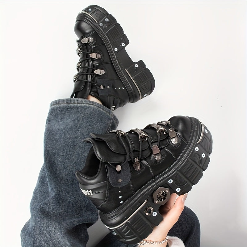 Women's Black Punk Platform Sneakers High Heel Round Toe Outdoor Shoes