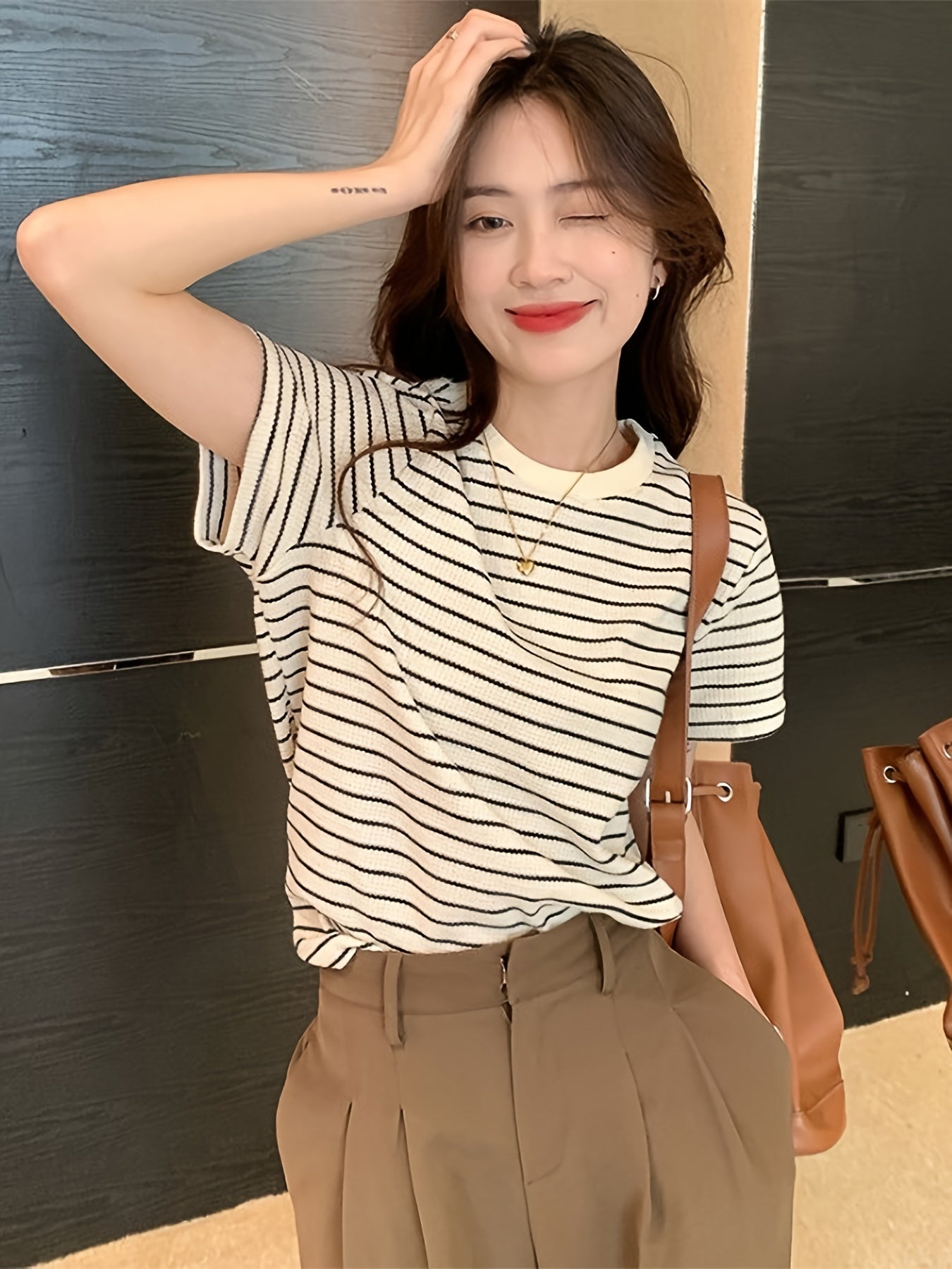 Women's Summer Striped Cotton T-Shirt Crew Neck Short Sleeve Loose Fit Asian Style