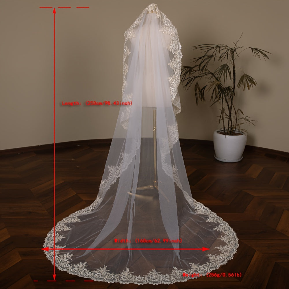 Long Tulle Wedding Veil with Champagne Lace Trim Bridal Accessory Elegant Chapel Length