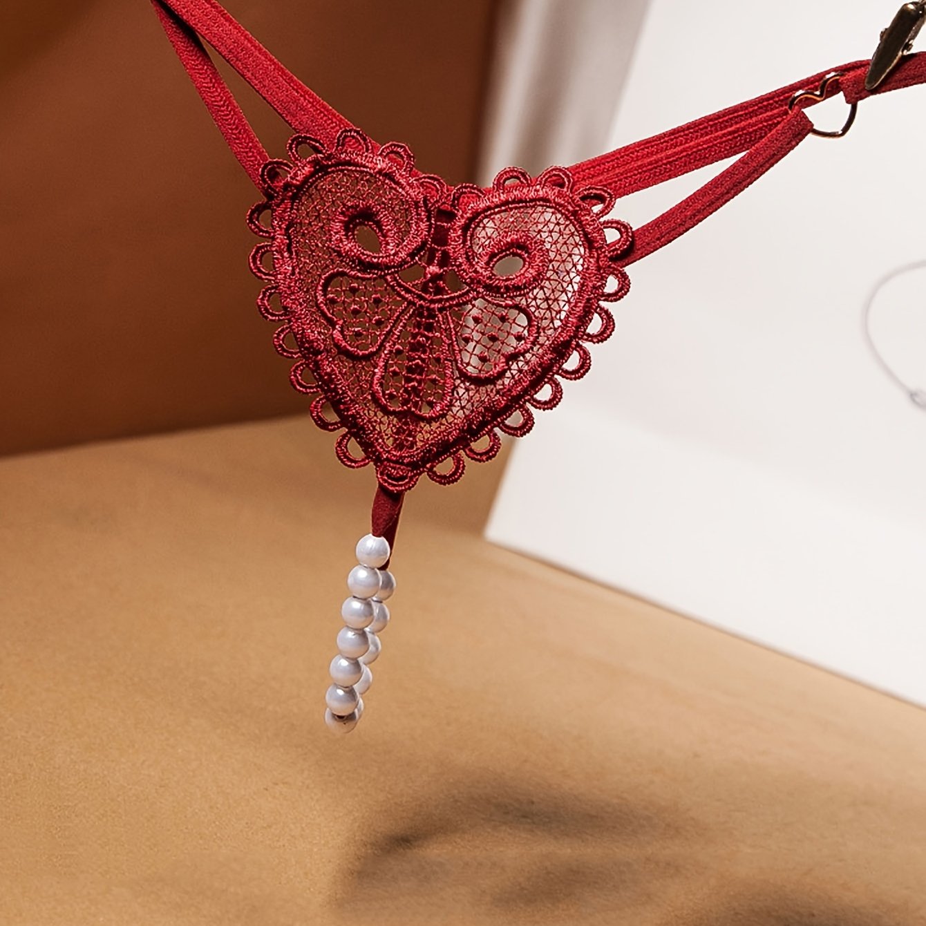 Women's Low Waist Pearl Thong with Heart-Shaped Hollow Out Design Soft Breathable Lingerie