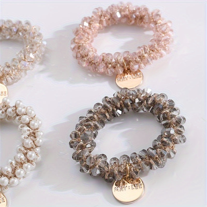 Set of 4 Stylish Faux Pearl Elastic Hair Ties for Women