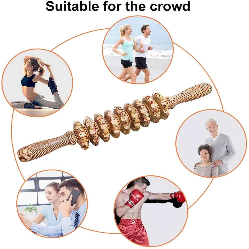 Wooden Handheld Massager with 9 Rollers for Muscle Relief and Wellness