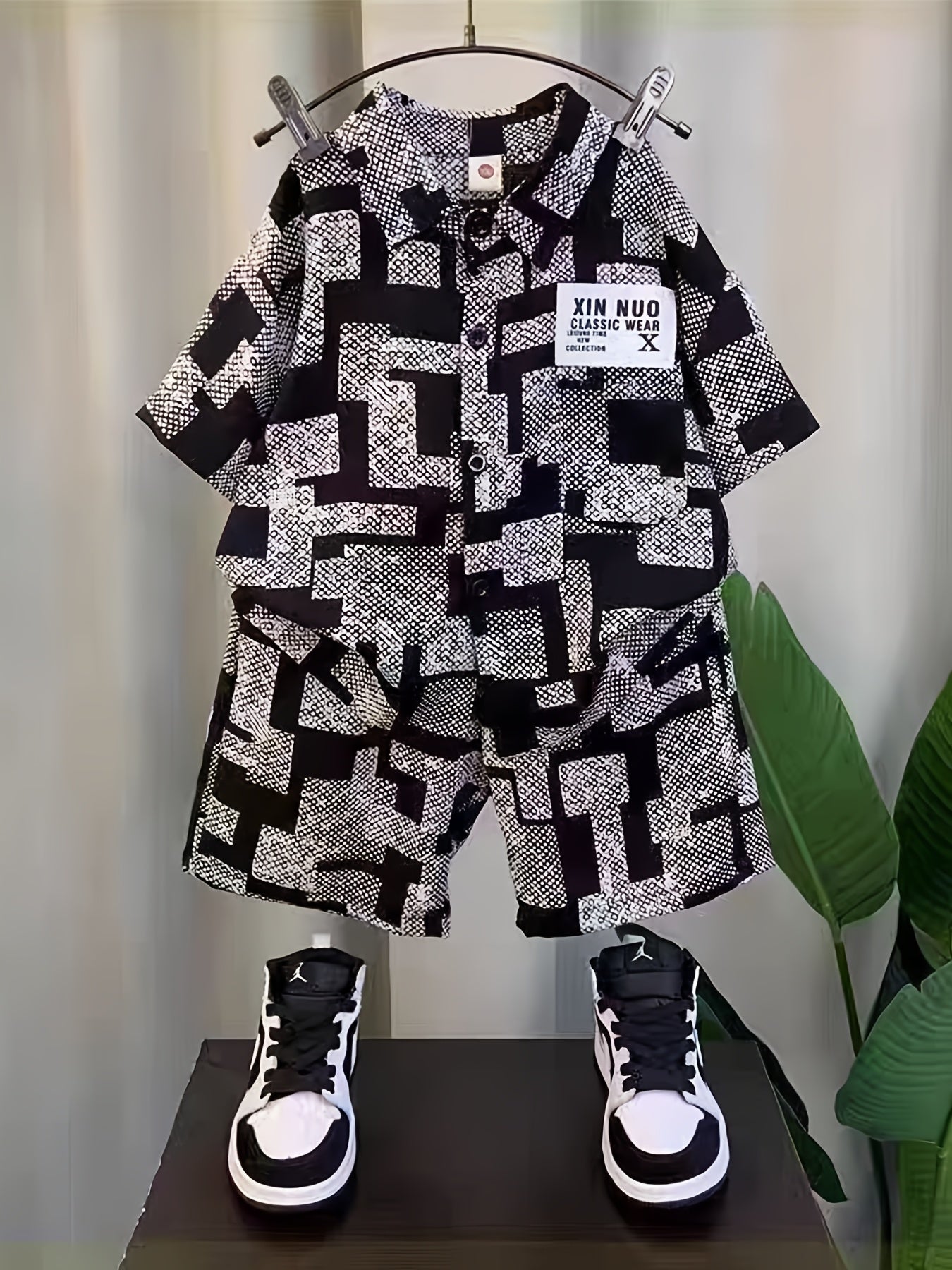 Boys Summer Outfit Set Short Sleeve Shirt and Shorts Alphabet Pattern Polyester Knit Age 12 and Under