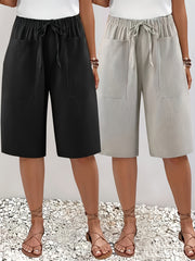 Комплект из двух предметов: укороченные брюки с карманами и шнуровкой из хлопка для женщин plus size