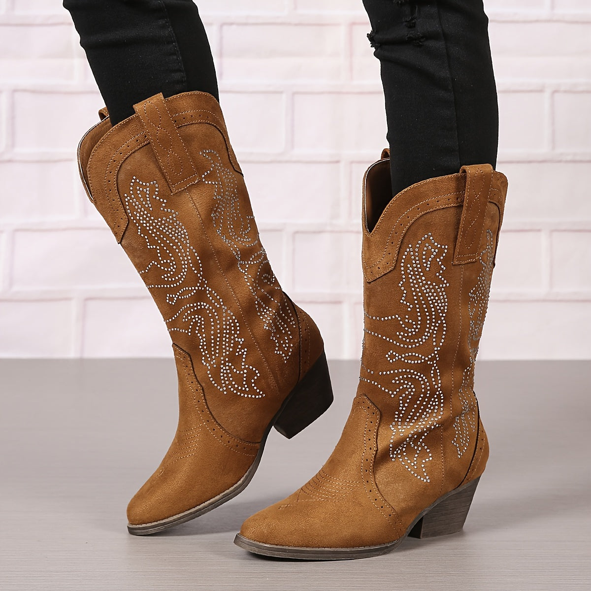 Women’s Mid-Calf Western Boots Fabric Floral Pointed Toe Winter
