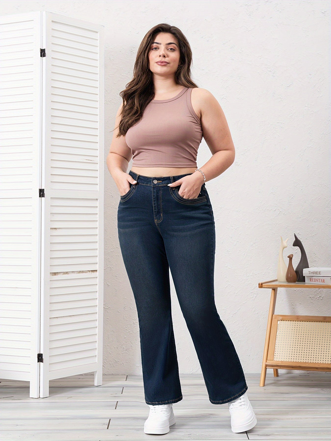 Plus Size Women's Denim Bootcut Jeans Blue Casual Zipper Button Closure