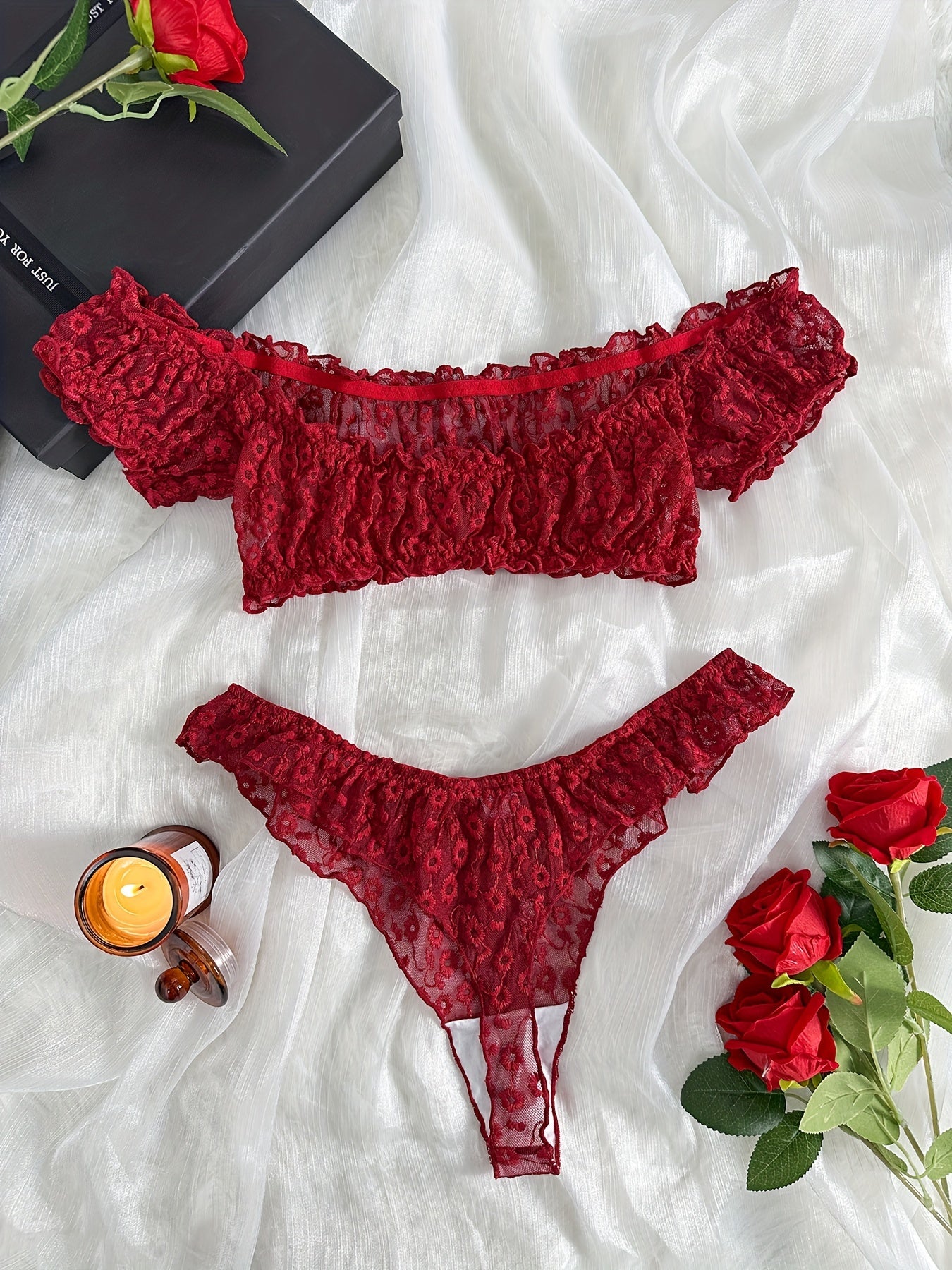 Women's Floral Embroidery Lingerie Set with Crop Top and Lettuce Trim Panty