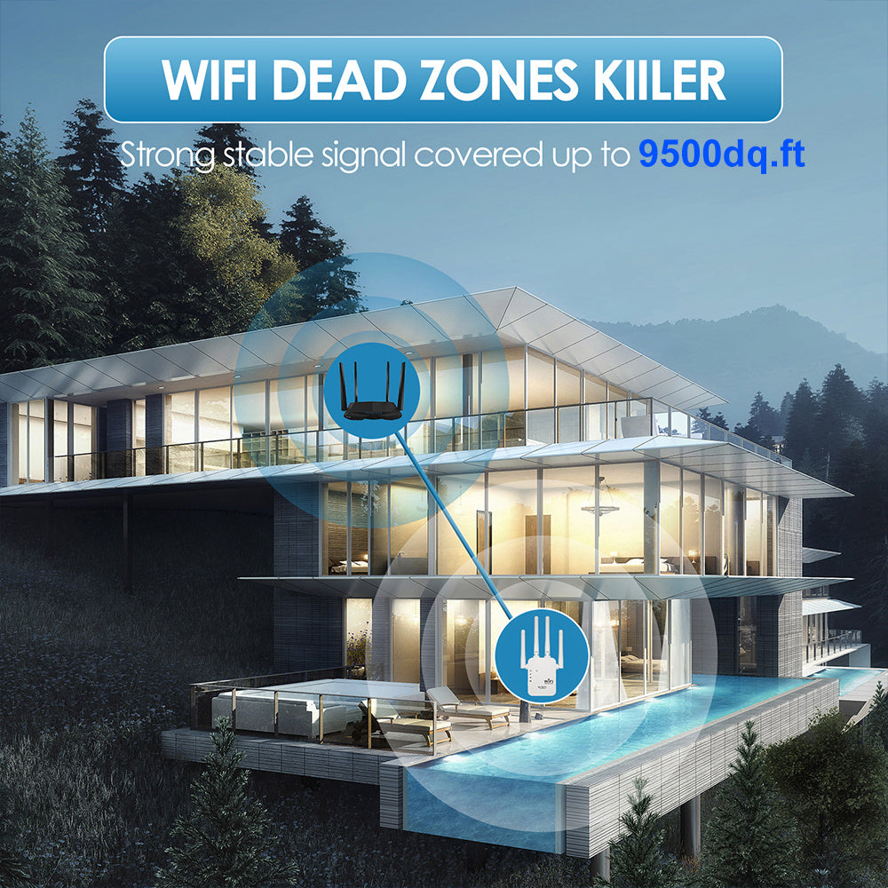 Wi-Fi Signal Booster with Ethernet Port Extends Coverage Up to 11000 Sq Ft Supports 35+ Devices Easy One-Click Setup