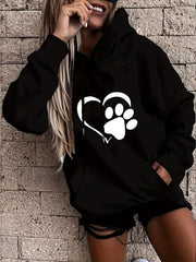 Women's Plus Size Casual Fleece Hoodie with Paw Heart Print and Pockets