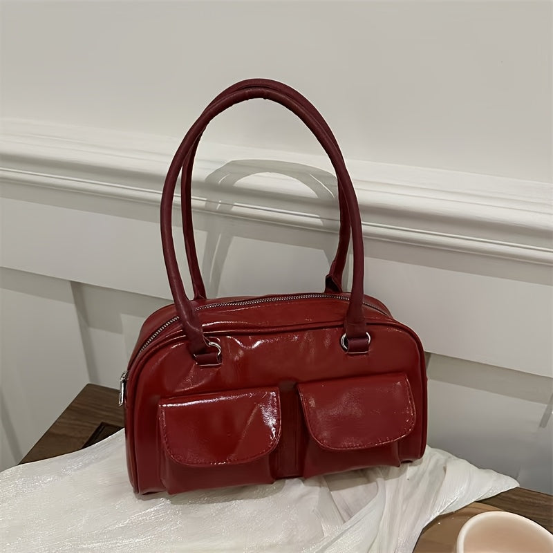 Zamonaviy ayollar uchun retro yelka sumkasi, katta sig'imli, porloq qoplama, zip yopilishi, bir rangda (qora/kolada/oq/ko'k). Ishga borish va har kuni foydalanish uchun ideal, yangilik sumkasi.