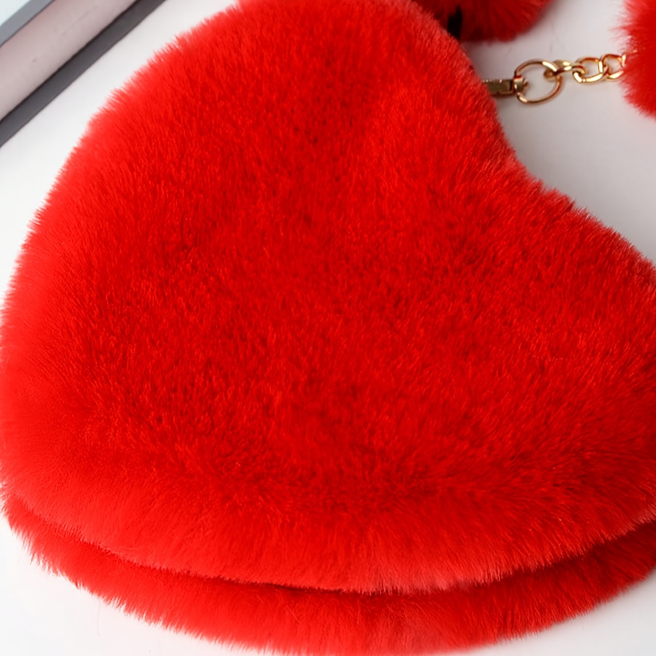 Elegant Heart-Shaped Plush Shoulder Bag with Zipper and Detachable Strap for Valentine's Day in Black White Red Khaki