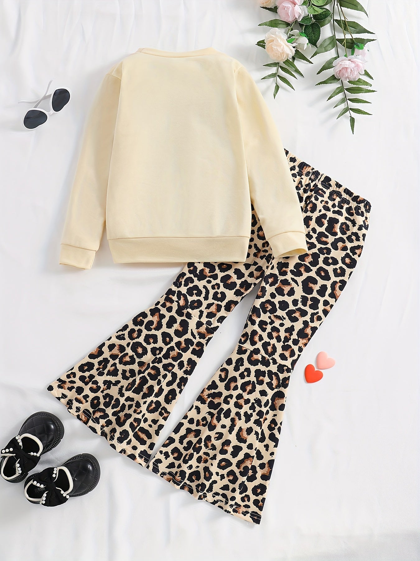 Girls' 2-Piece Outfit Sweatshirt and Leopard Flared Pants with Sunglasses for Spring Fall Kids