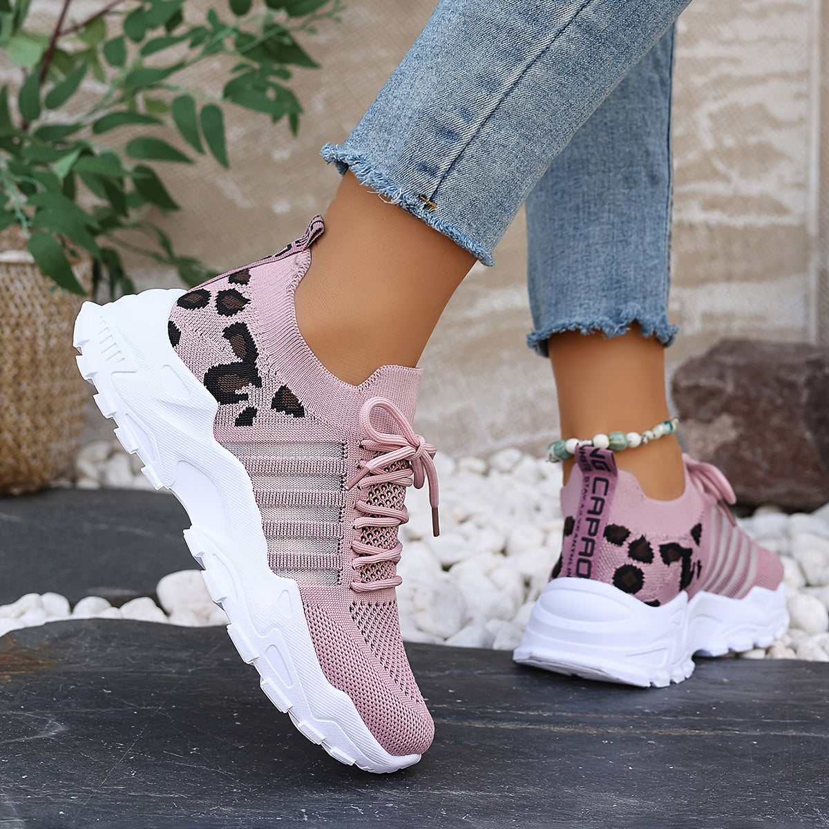 Women's Breathable Mesh Leopard Print Sneakers with Platform Sole and Low-Top Design