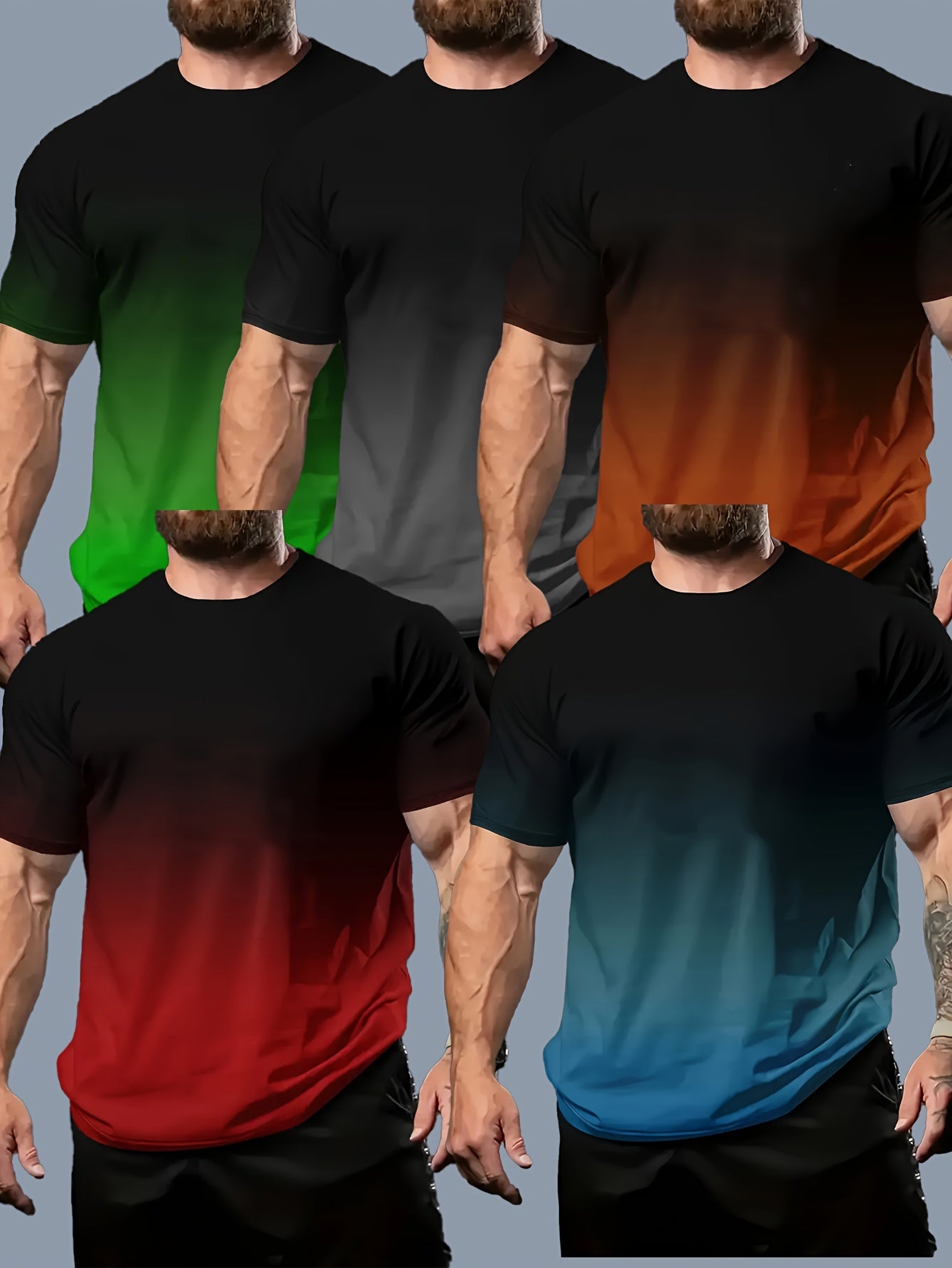 Набор из 5 повседневных коротких рукавов для мужчин больших размеров с градиентным цветом и круглым вырезом