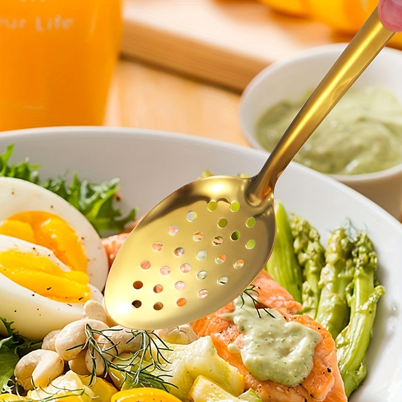 Juego de 6 utensilios de cocina de acero inoxidable en dorado, negro y plateado incluye espátula, cuchara para arroz, colador y cuchara para sopa