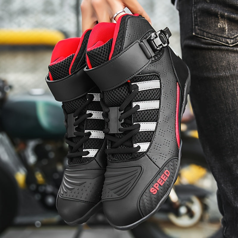 Men's Off-Road Motorcycle Riding Boots PU Leather Ankle High Breathable Perforated Protective Strap