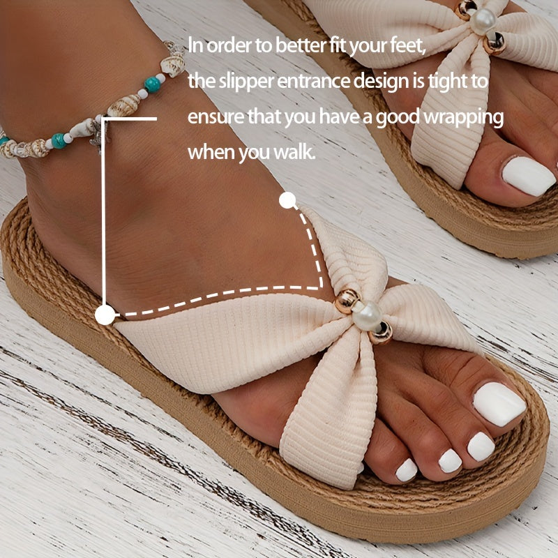 Women's Flat Slide Sandals with Faux Pearl Crisscross Straps Open Toe EVA Sole