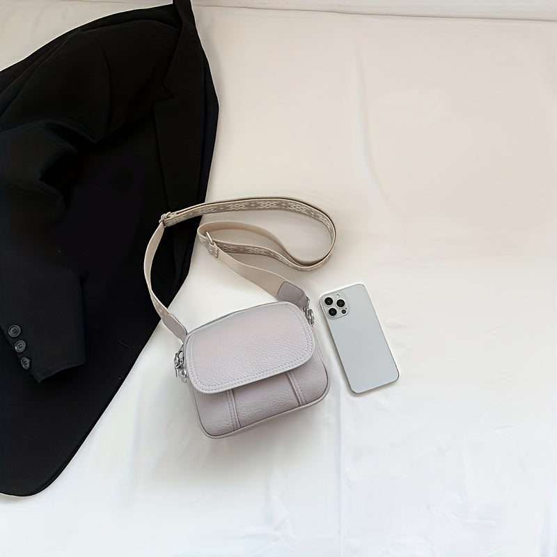 Square Crossbody Bag with Wide Strap Zipper in Solid Color PU Material