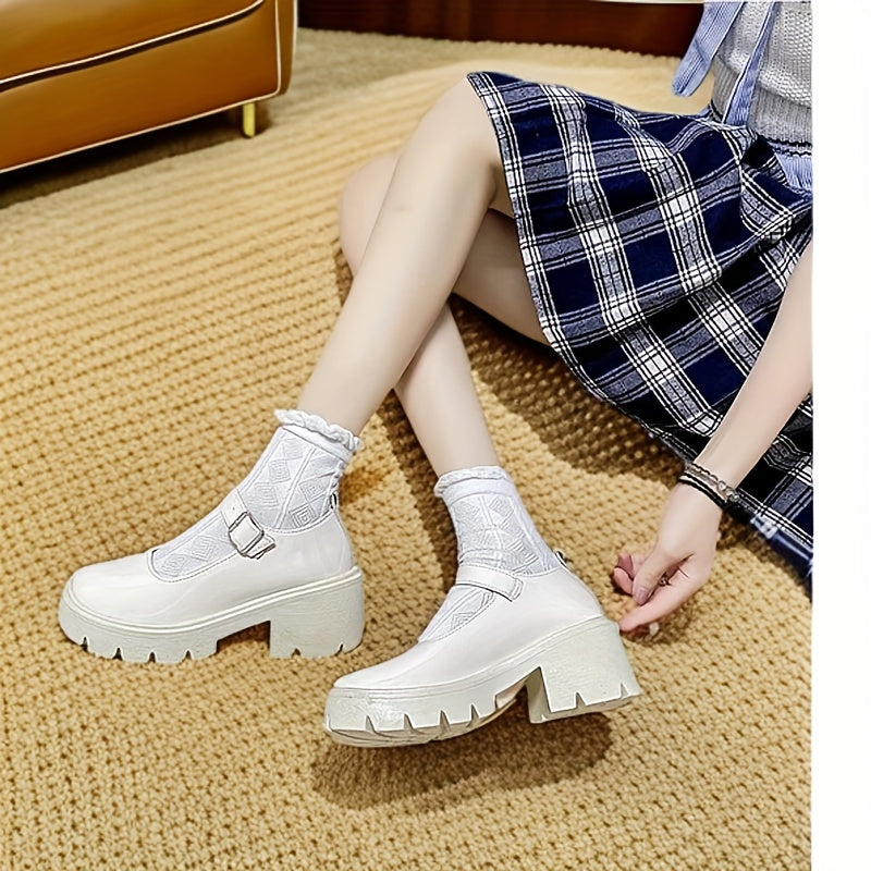 Women Vintage Mary Jane Shoes Thick Sole High Heels Evening Wear