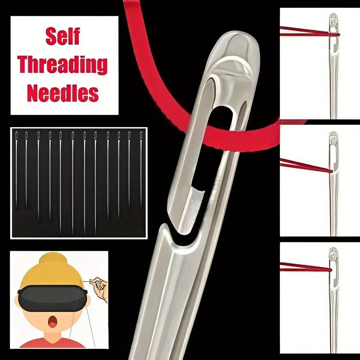 12 швейных игл из нержавеющей стали с боковыми отверстиями для легкого вдевания нитки. Идеально подходит для пожилых пользователей и проектов DIY. Подходит для шитья и рукоделия.