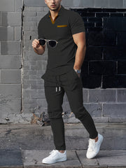 Men's Casual Set Waffle Collar Short Sleeve Top and Long Pants Solid Color Summer