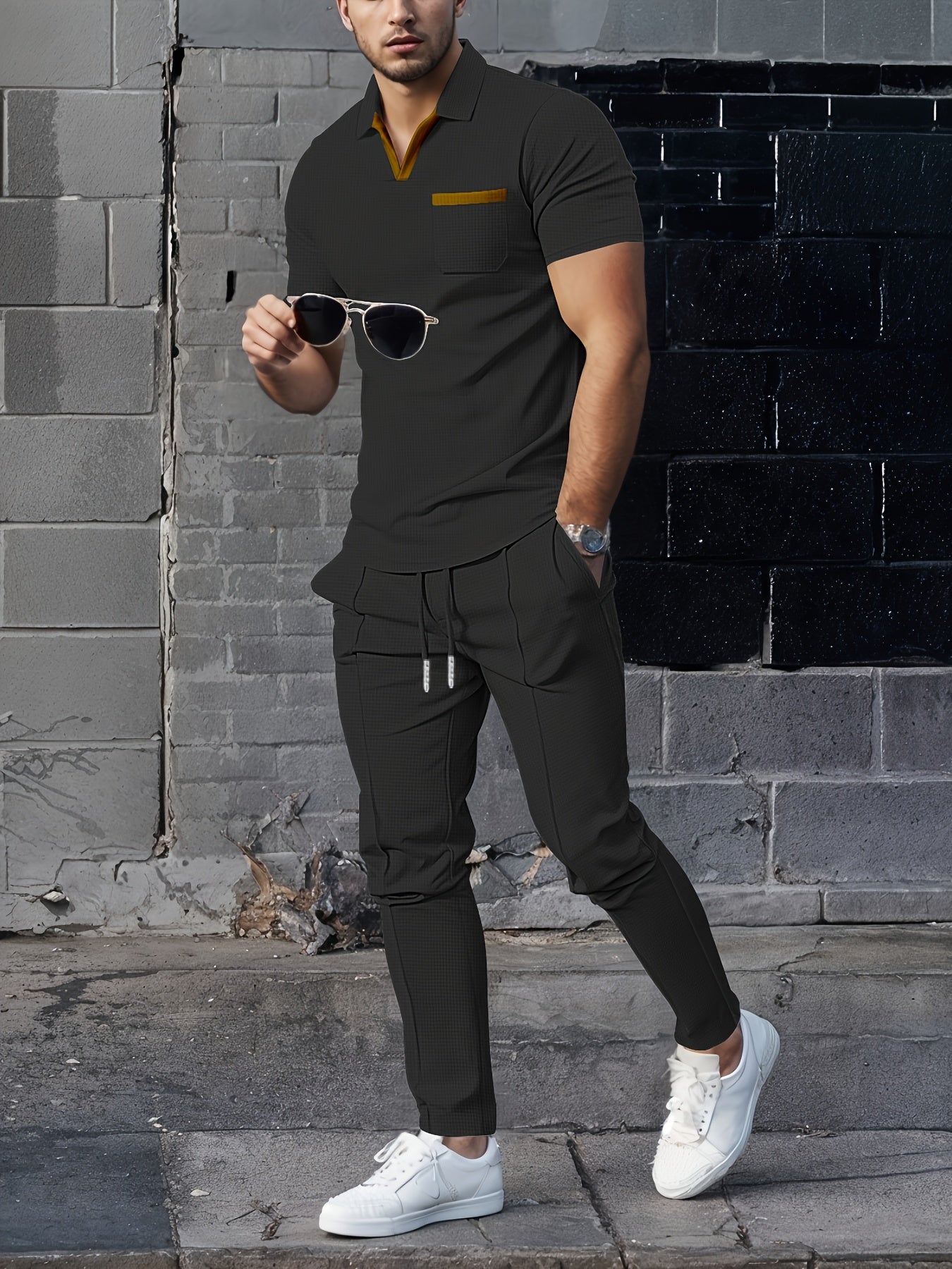 Men's Casual Set Waffle Collar Short Sleeve Top and Long Pants Solid Color Summer