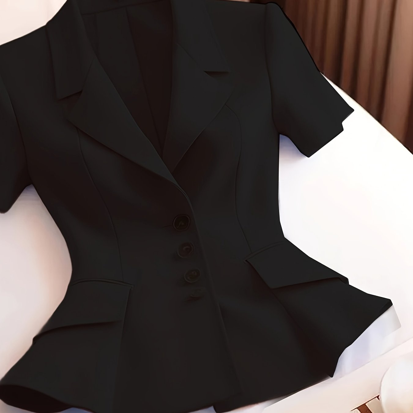 Pink Women's Blazer Short Sleeve Ruffled Hem Slimming Fit Office Casual Polyester