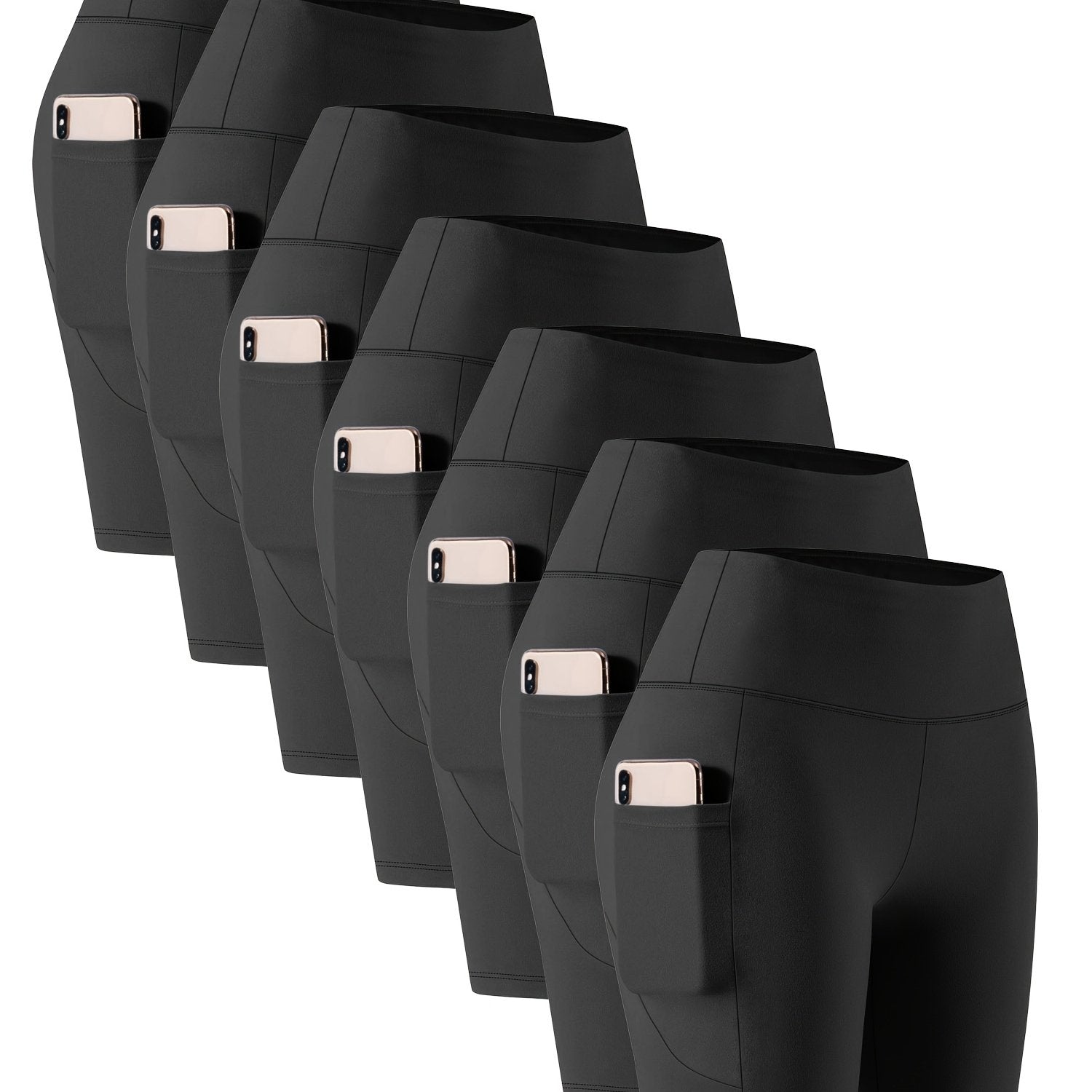 Pantalones capri de cintura alta elásticos para mujer con bolsillos en forma de luna creciente, pack de 7, negro