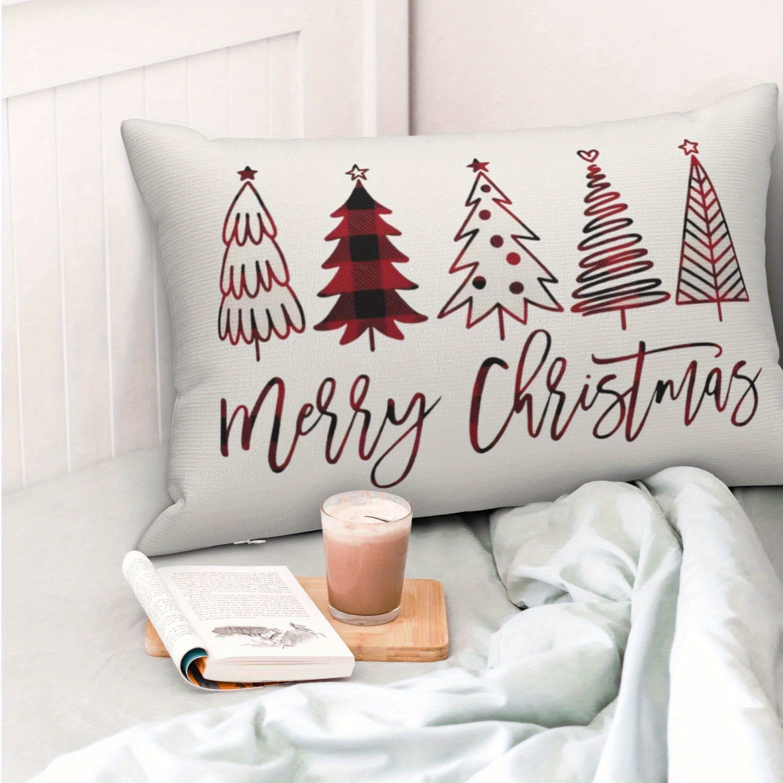 White Polyester Christmas Throw Pillow Covers Set of 2 Decorative Cushion Cases with Zipper