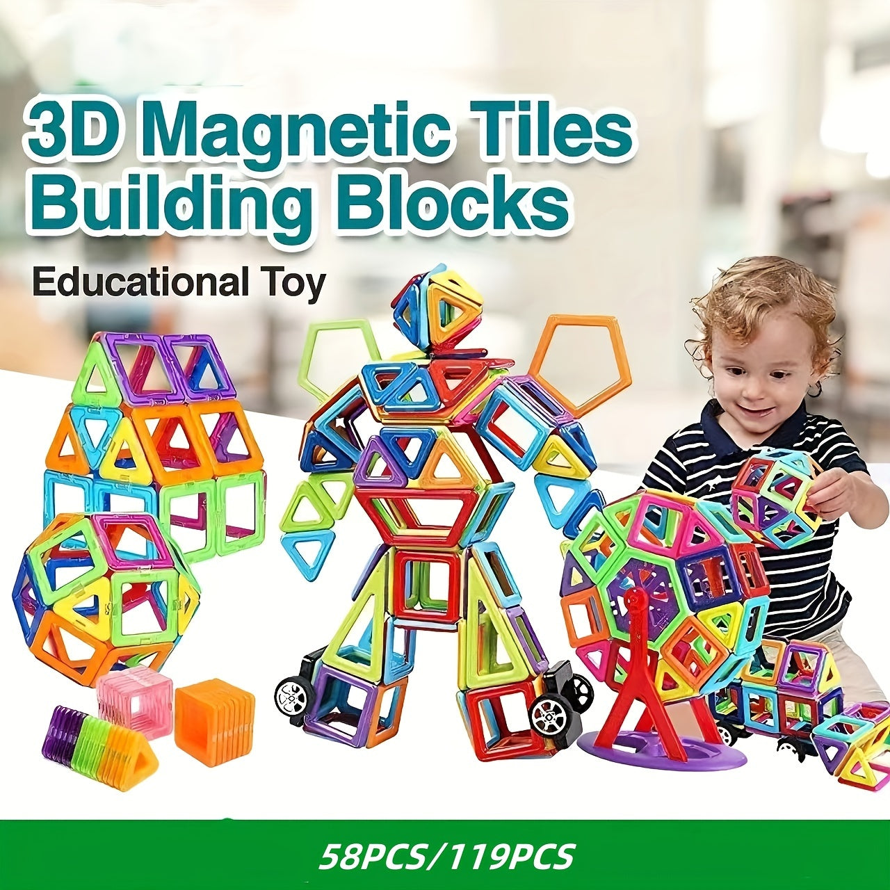 Large Magnetic Building Block Set 58 or 119 Pieces Educational Creative Toys for Kids