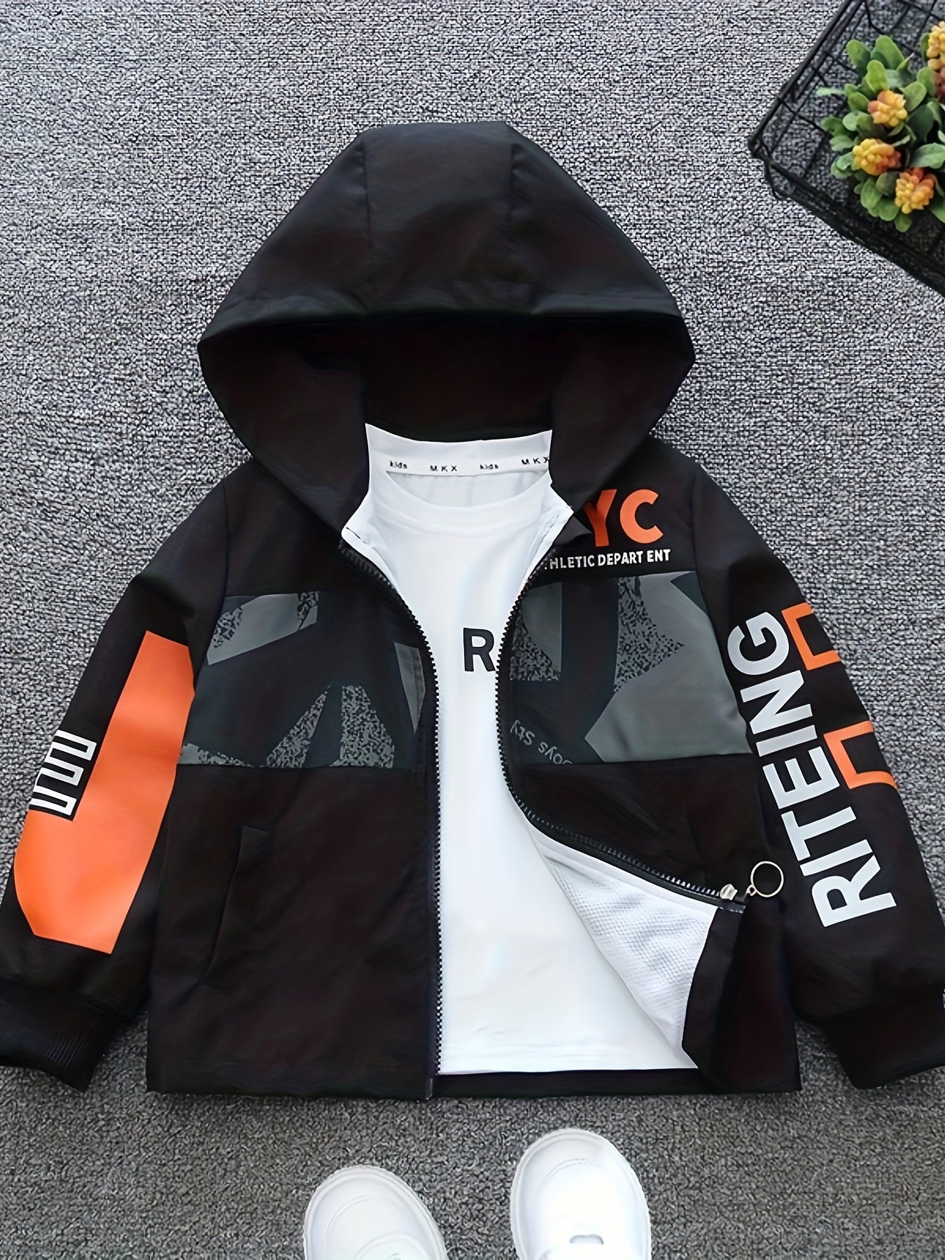 Детская мальчиковая куртка с капюшоном, застежкой-молнией и принтом букв для весенне-осенней повседневной носки