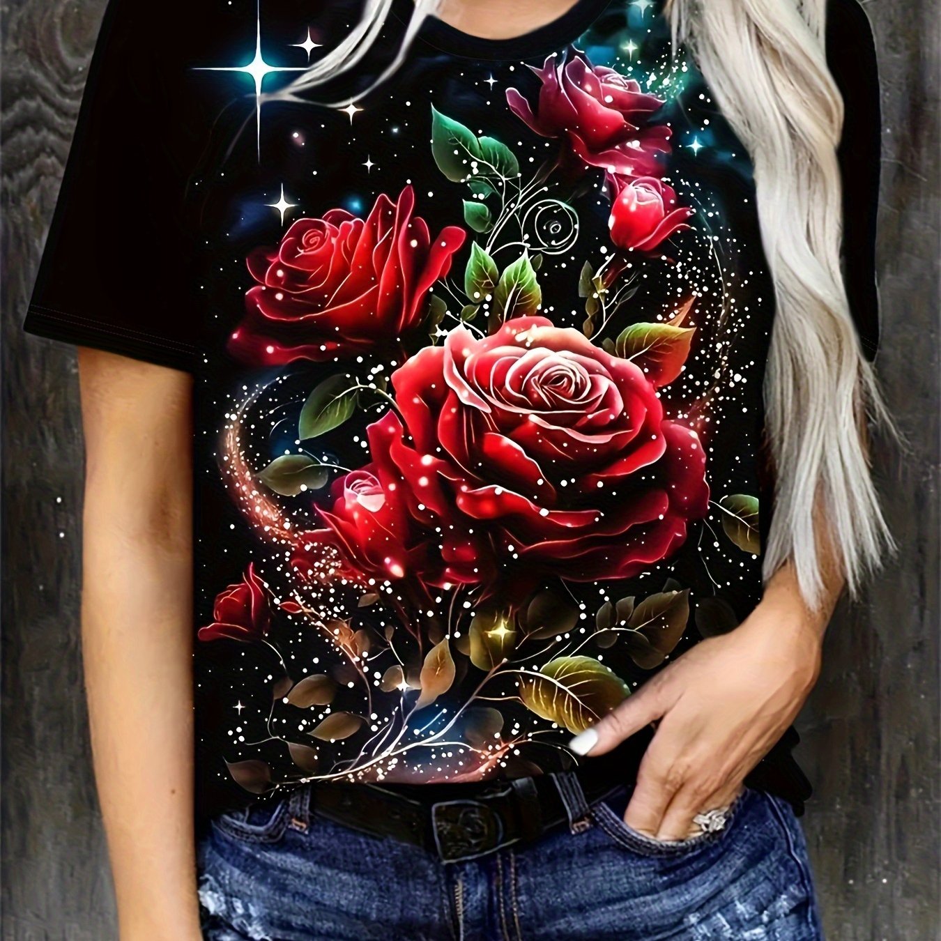 Plus Size Women's Floral Print T-Shirt Purple Roses Breathable Summer Top