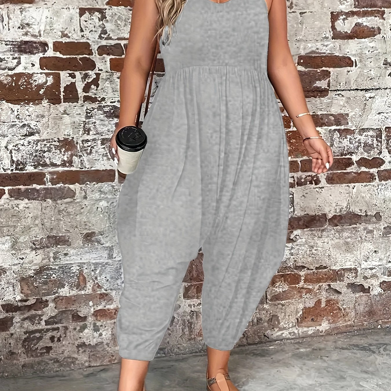 Plus Size Women's Orange Sleeveless Jumpsuit Casual Wide-Leg Beachwear