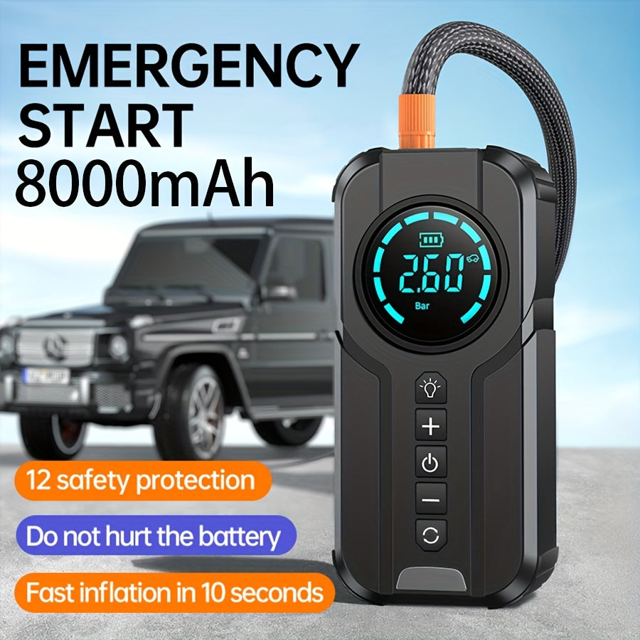 8000mAh Car Jump Starter with Digital Display USB-C Charger Air Compressor and Safety Protections