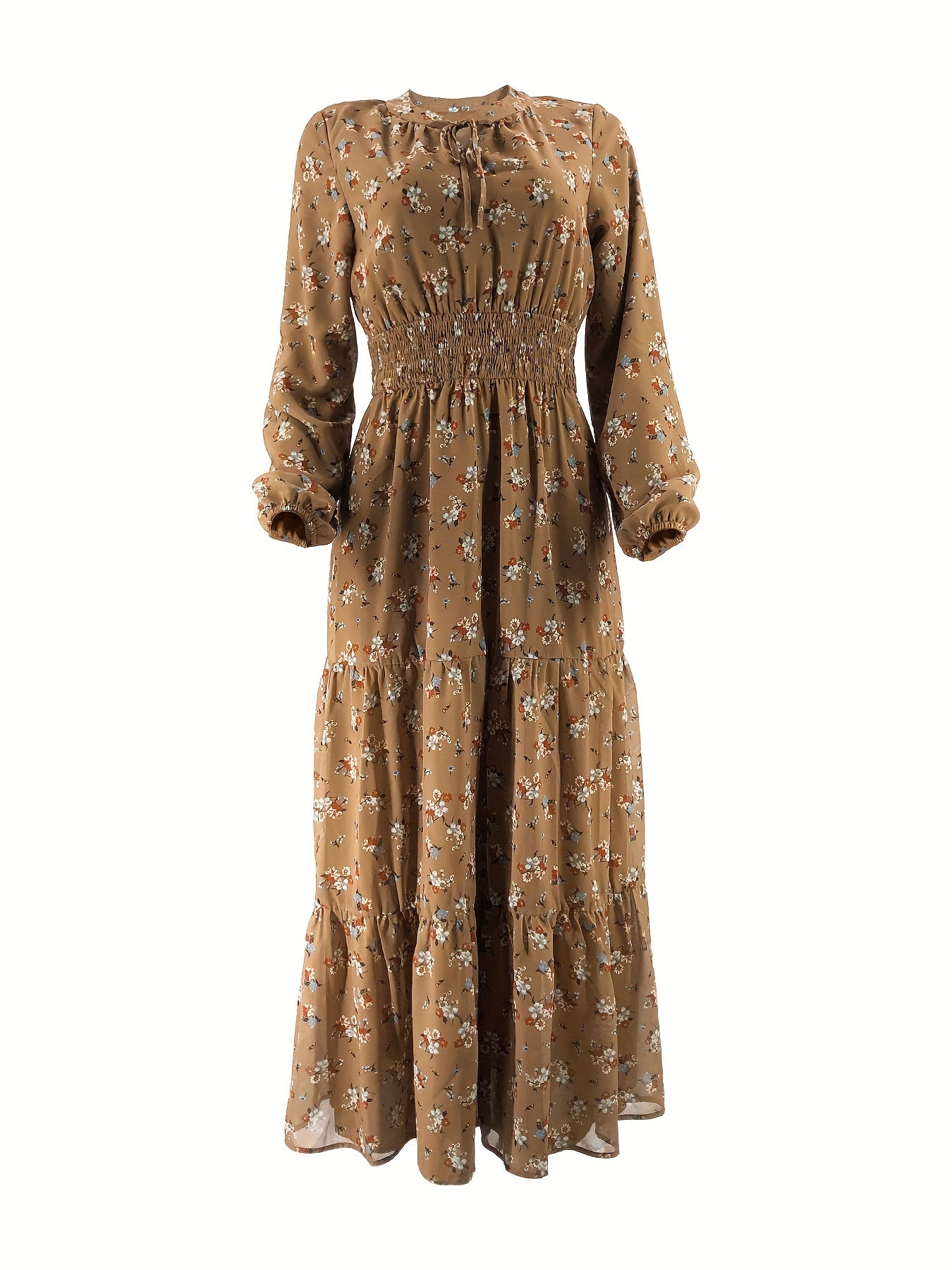 Women's Floral Long Sleeve Maxi Dress with Shirred Waist and Ruffle Hem