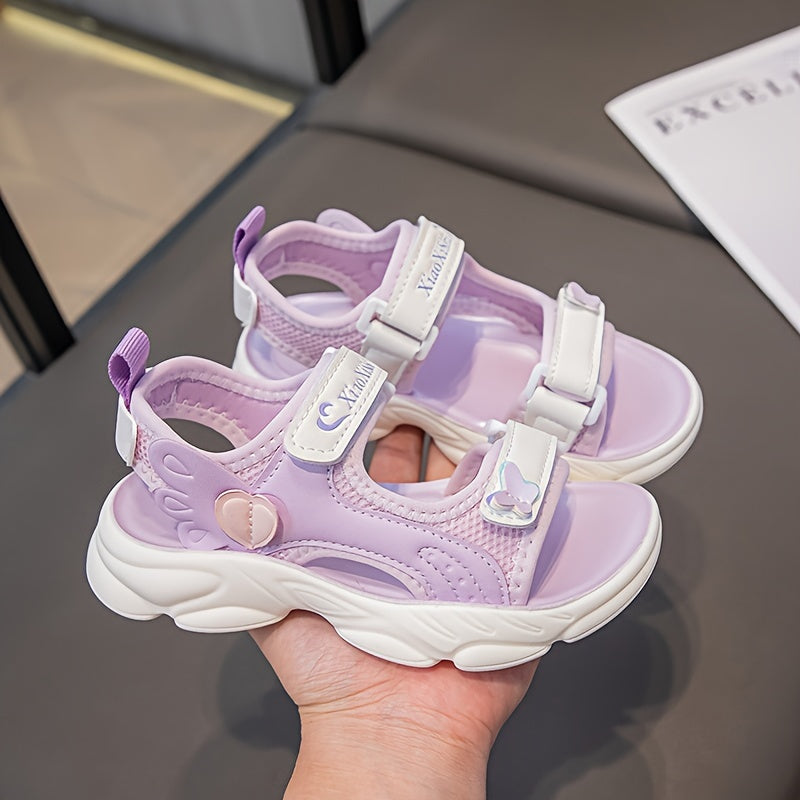 Girls Summer Sandals Lightweight Non-Slip Pink White Heart Wing Design Breathable Mesh