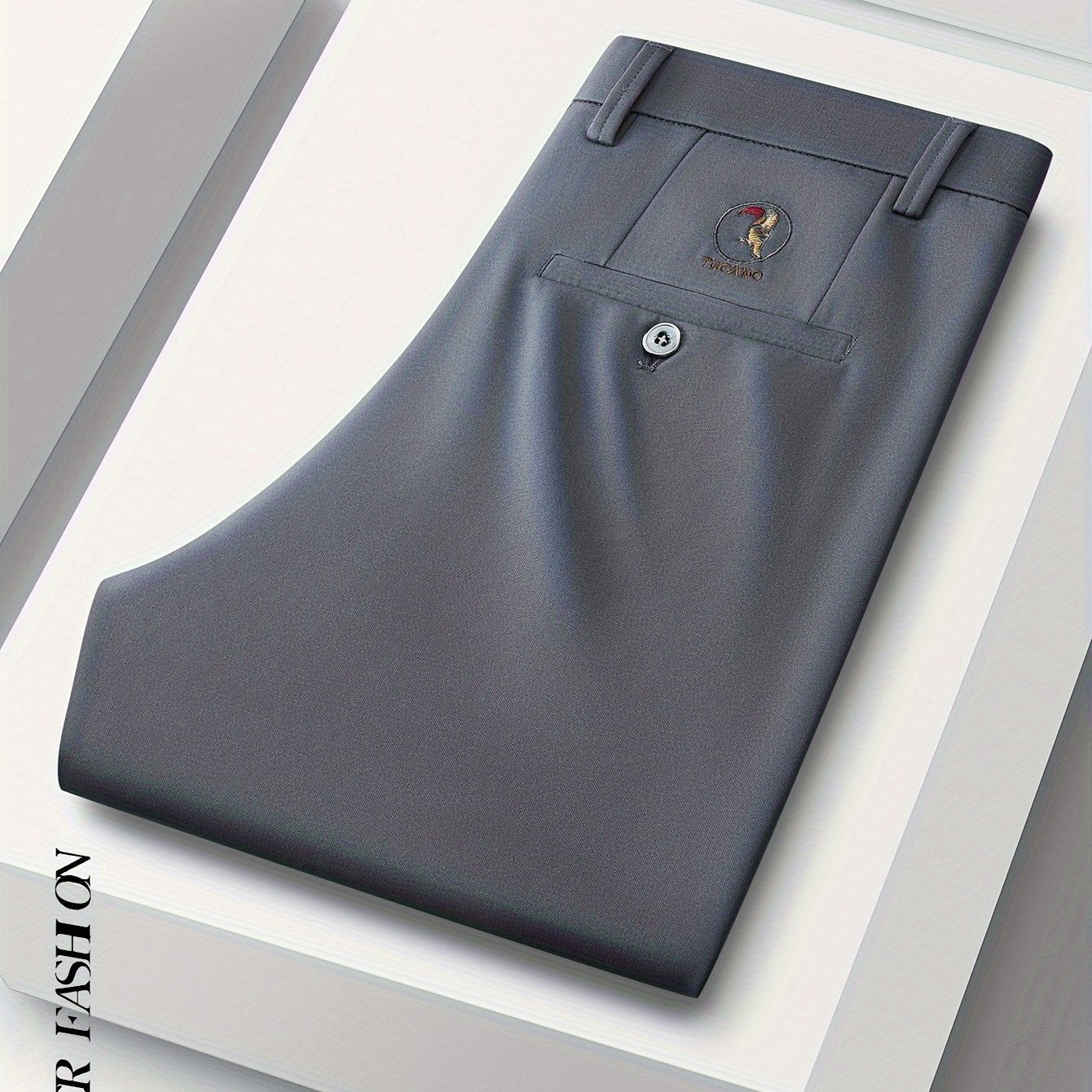 Pantalones de vestir negros para hombre de corte ajustado con emblema de pájaro, poliéster y spandex para negocios informales