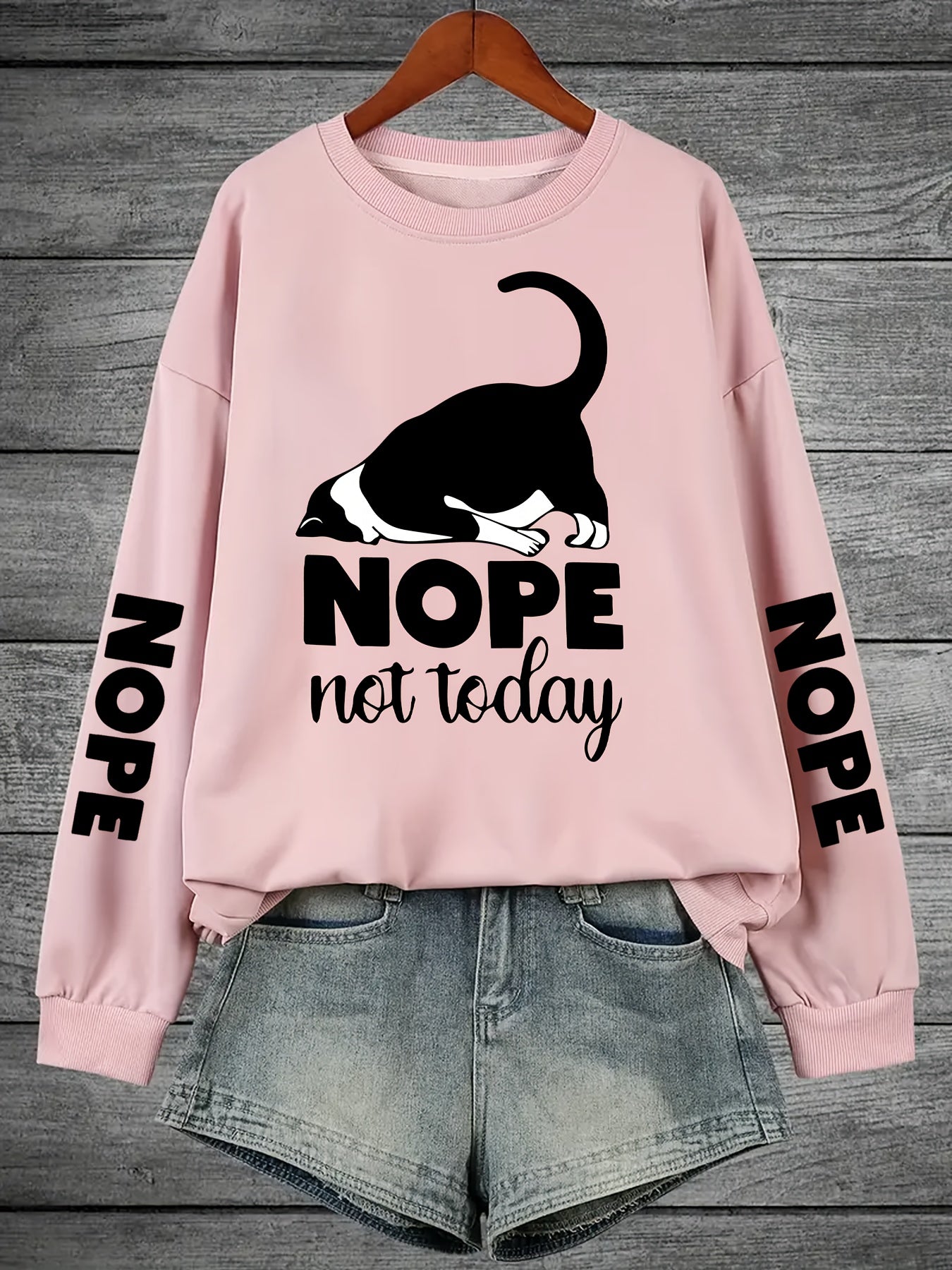Plus Size Women's Cat Letter Print Sweatshirt Casual Long Sleeve Crew Neck