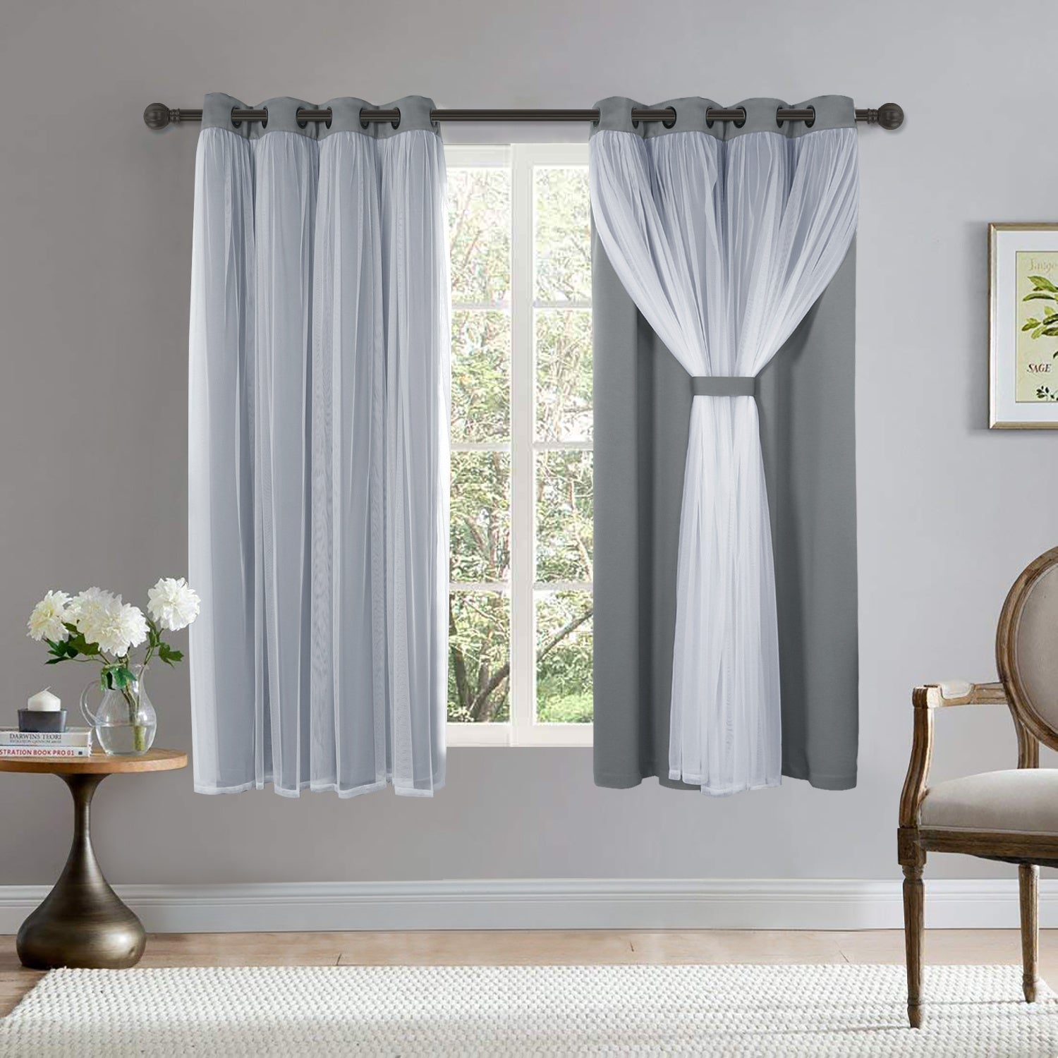 Grey Blackout Curtains with White Sheer Voile Double Layer Grommet Bedroom Window Treatment